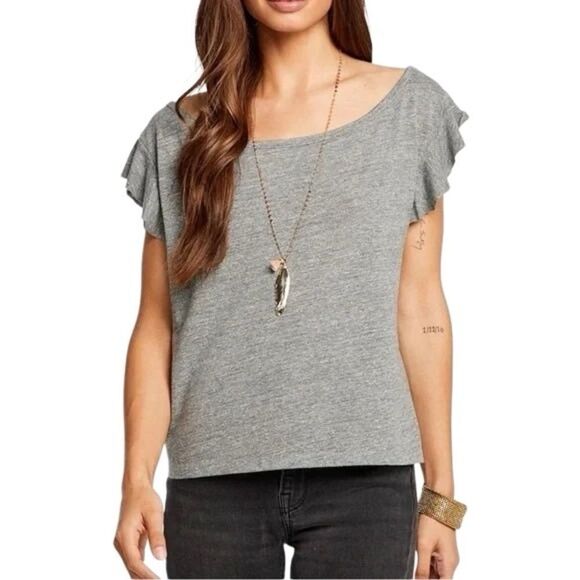 NWT CHASER Triblend Jersey Cropped Flutter Sleeve Open Neck Tee size S - Picture 2 of 6